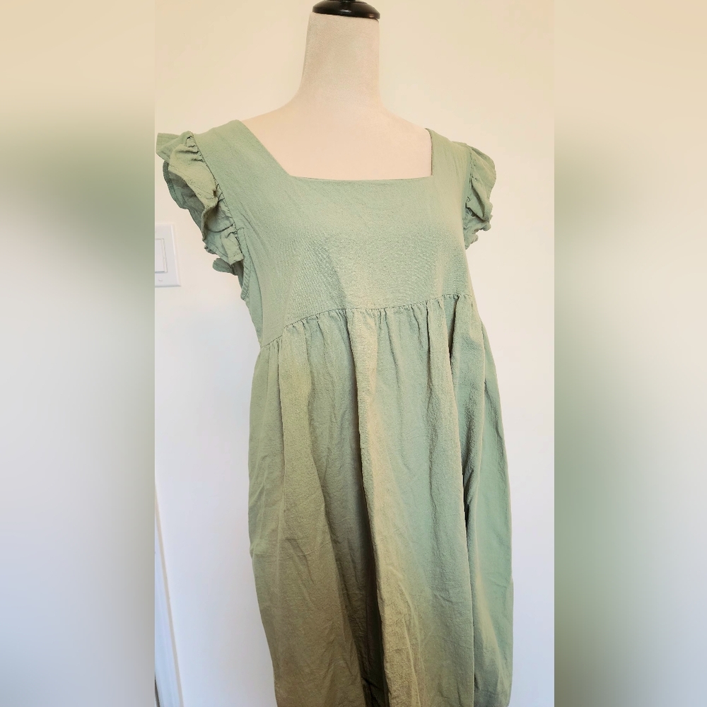 Sage Mint Green Square Neck Mini Dress with Ruffled Sleeves HYFVE 100% Cotton